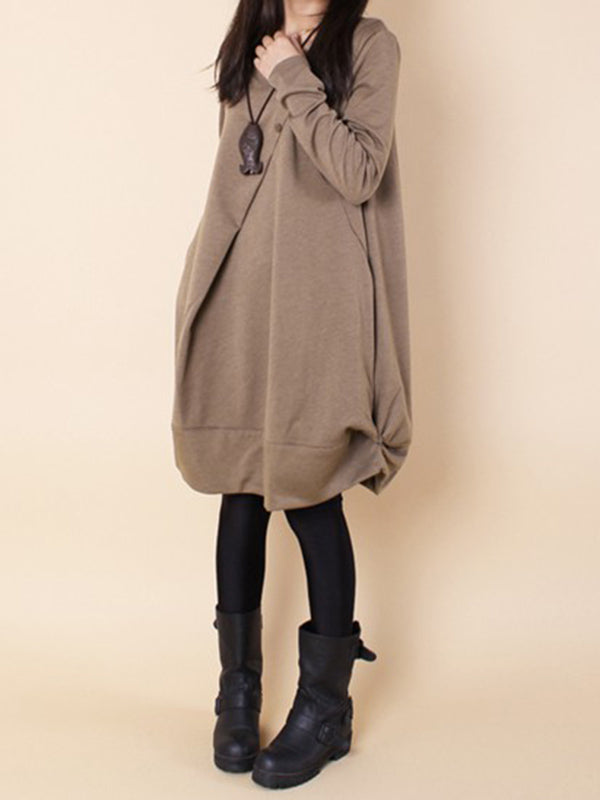 Robe longue plissée coupe trapèze, à manches longues, à col rond, couleur unie