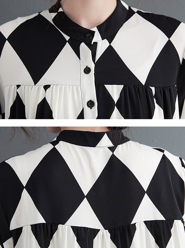Robe mi-longue boutonnée coupe trapèze, à manches longues, à carreaux, col polo