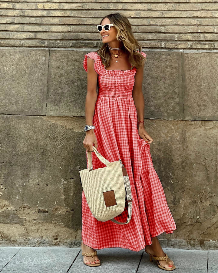 Fiona | Robe Maxi à Carreaux Smockée pour Femmes