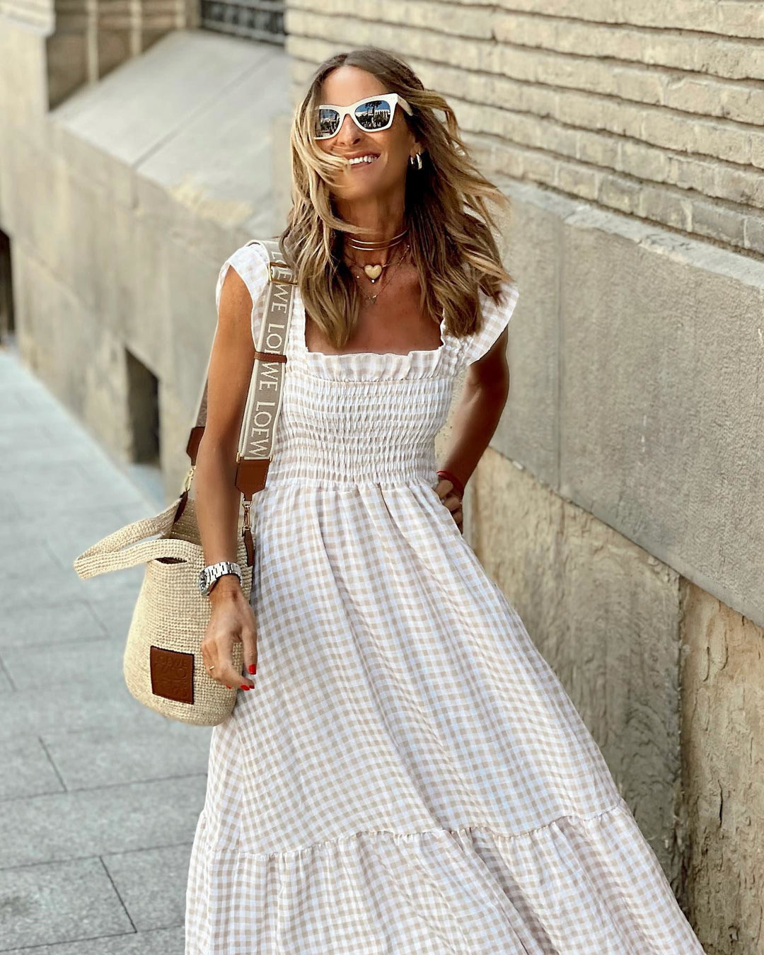 Fiona | Robe Maxi à Carreaux Smockée pour Femmes