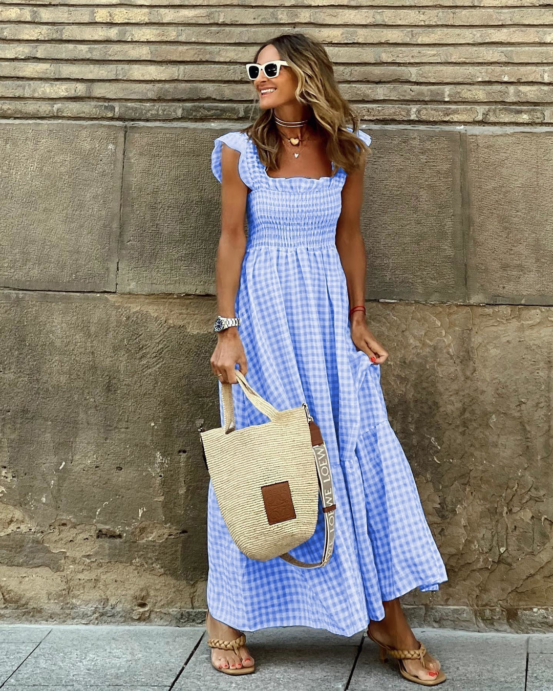 Fiona | Robe Maxi à Carreaux Smockée pour Femmes