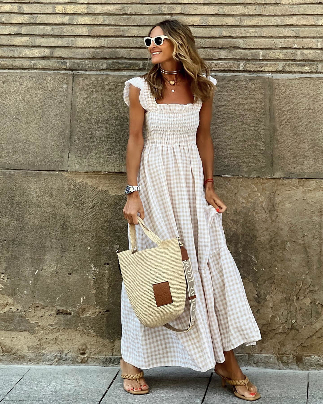 Fiona | Robe Maxi à Carreaux Smockée pour Femmes