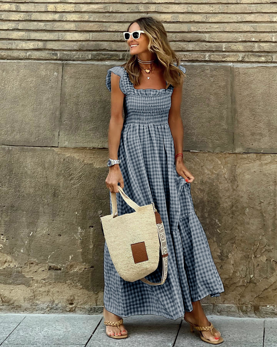 Fiona | Robe Maxi à Carreaux Smockée pour Femmes