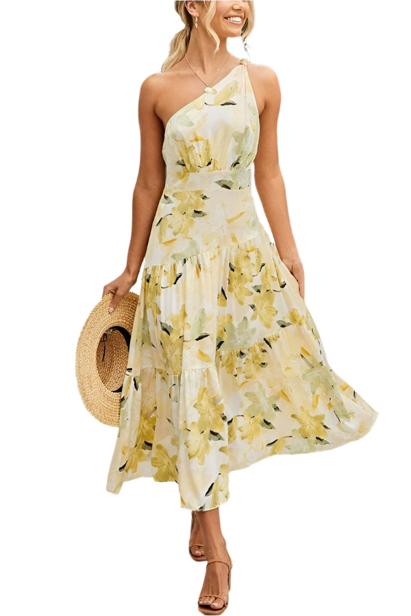 Maelle – Robe midi légère avec motif floral et une épaule pour les jours ensoleillés