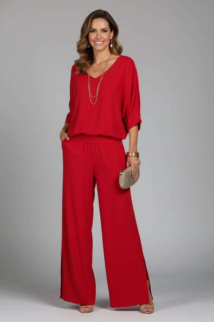 Franziska | Ensemble deux pièces à col en V pour femmes avec pantalon large