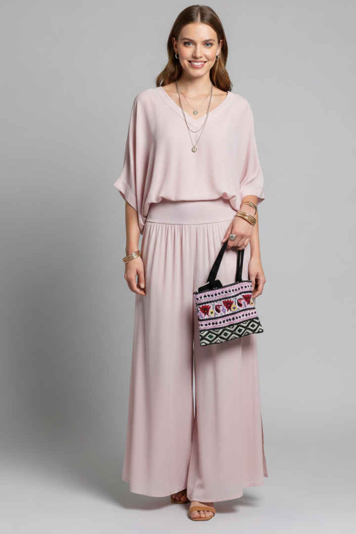 Franziska | Ensemble deux pièces à col en V pour femmes avec pantalon large