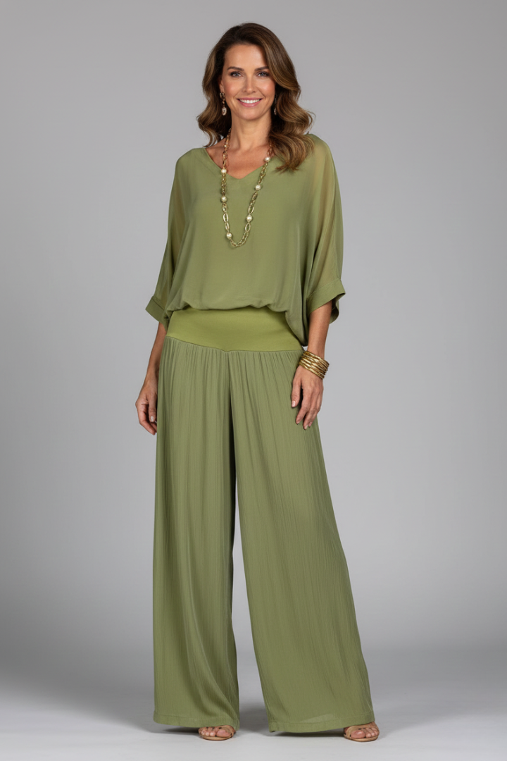 Franziska | Ensemble deux pièces à col en V pour femmes avec pantalon large