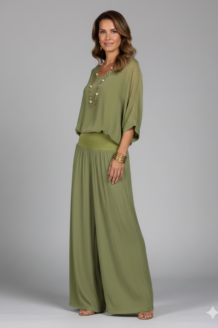 Franziska | Ensemble deux pièces à col en V pour femmes avec pantalon large