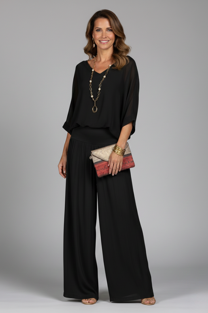 Franziska | Ensemble deux pièces à col en V pour femmes avec pantalon large