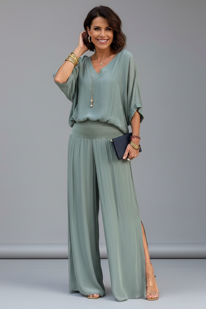 Franziska | Ensemble deux pièces à col en V pour femmes avec pantalon large