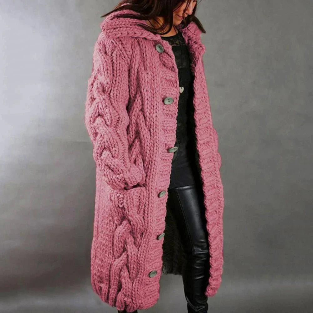 Manteau long en tricot pour femmes | Avec capuche en tricot épais