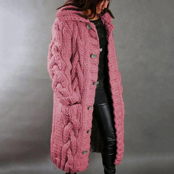 Manteau long en tricot pour femmes | Avec capuche en tricot épais