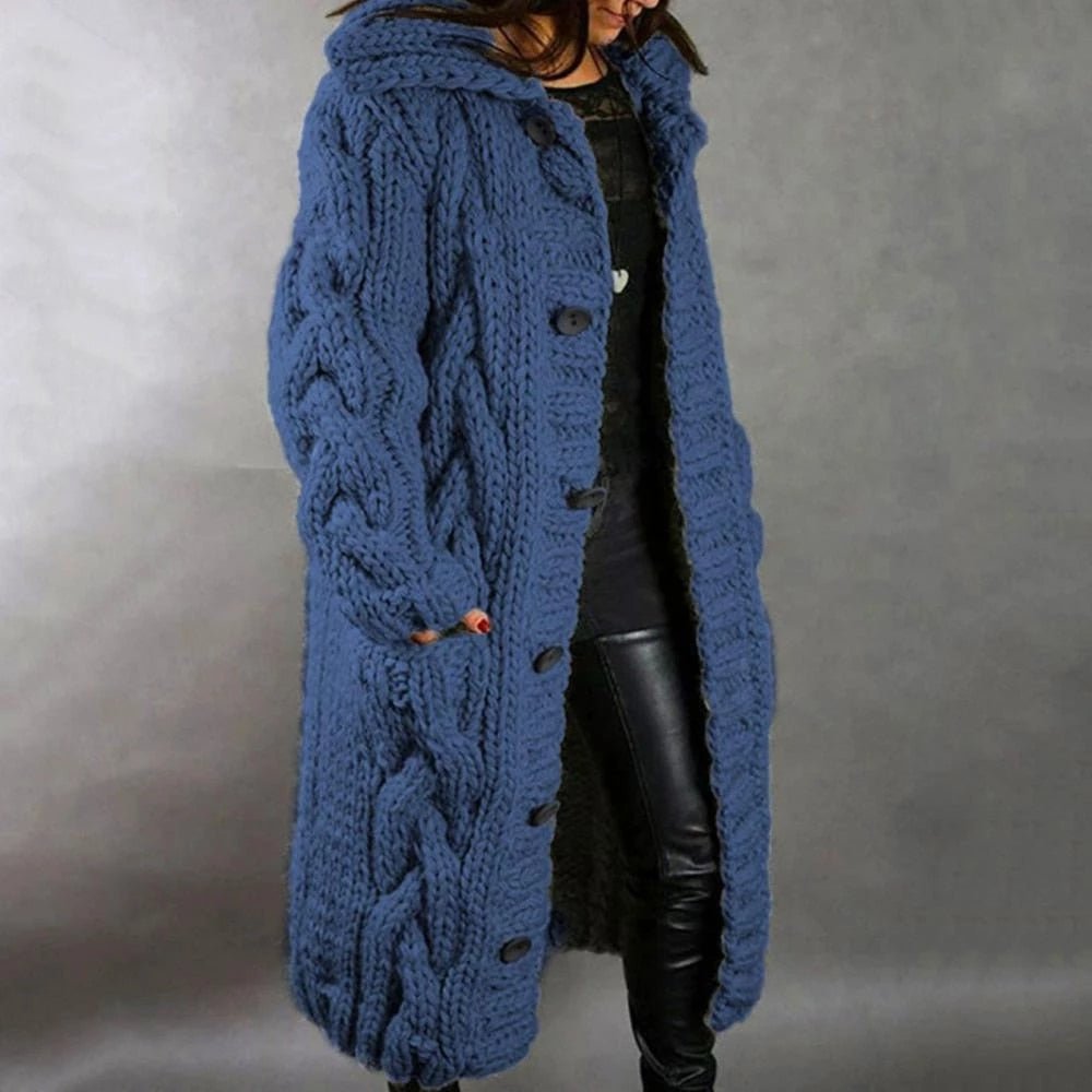Manteau long en tricot pour femmes | Avec capuche en tricot épais