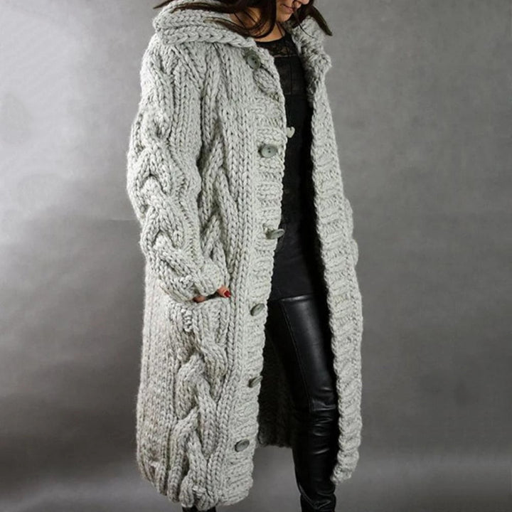 Manteau long en tricot pour femmes | Avec capuche en tricot épais