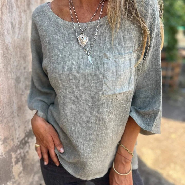 Nadine | T-shirt femme à manches 3/4 col rond avec poche poitrine
