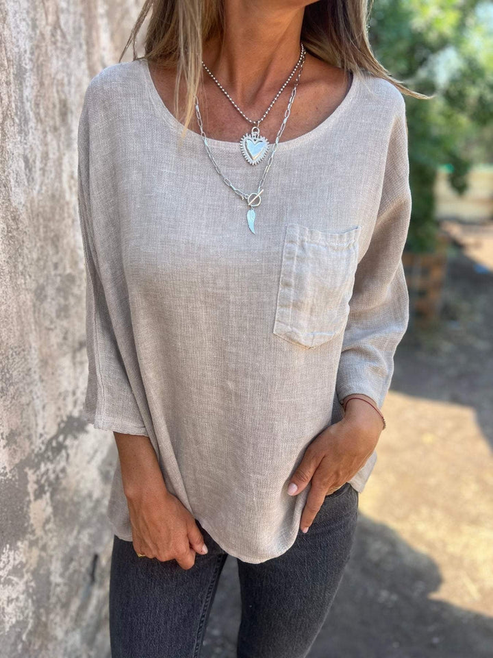 Nadine | T-shirt femme à manches 3/4 col rond avec poche poitrine