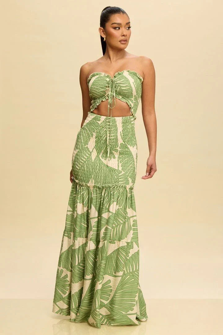 Naysa | Robe maxi sans bretelles avec imprimé tropical