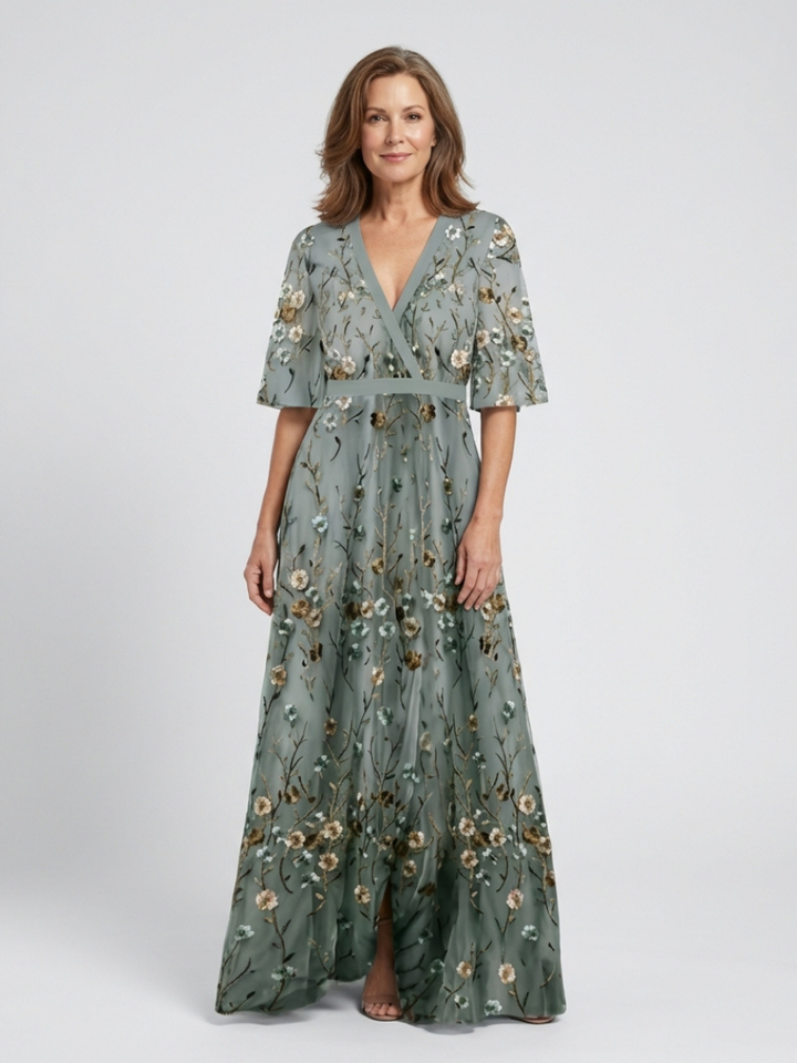 Evadne | Robe Maxi à Encolure en V Florale à Manches Courtes