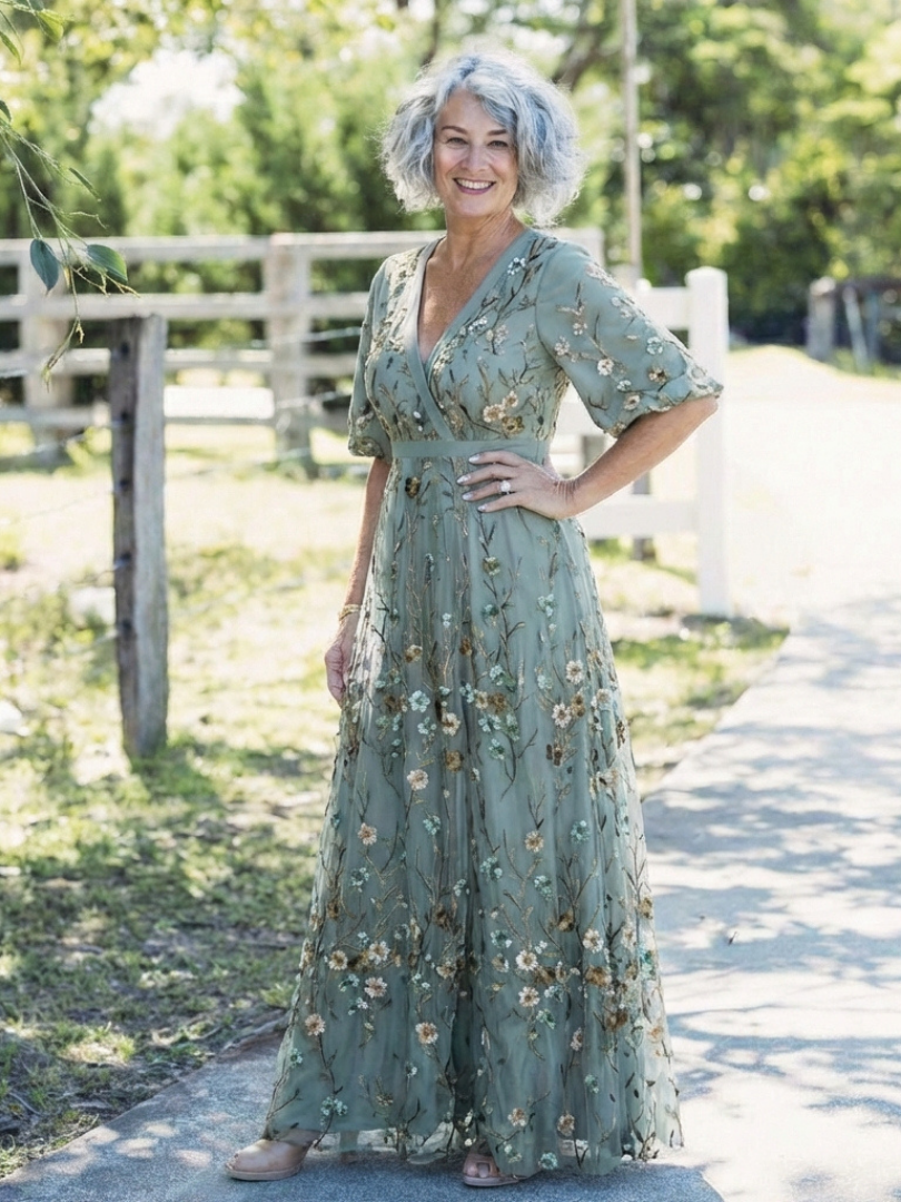 Evadne | Robe Maxi à Encolure en V Florale à Manches Courtes