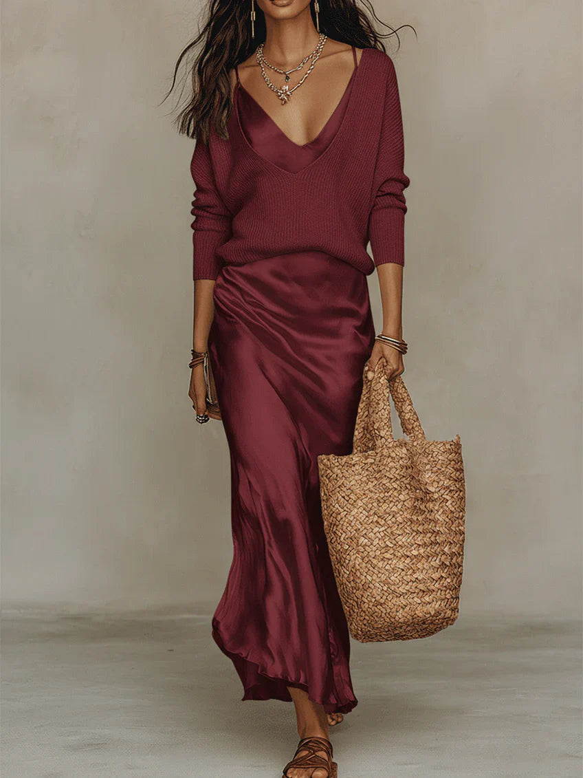 Hannah | Robe midi en satin avec ensemble pull