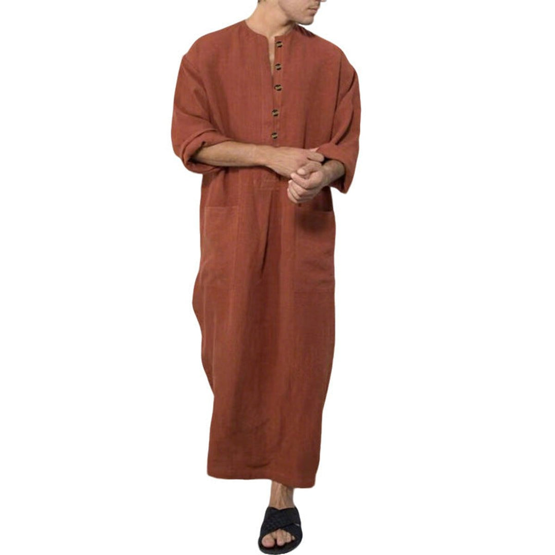 Moritz | Tunique Kaftan en Lin pour Hommes, Longue, Coupe Ample, Col Montant, Patte de Boutonnage