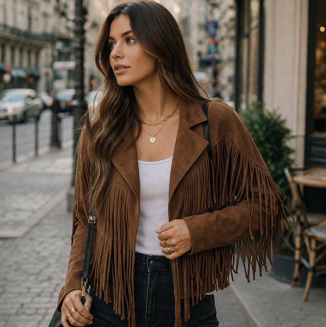 Tanja | Veste en daim marron pour femmes avec franges – Veste en daim franges Boho 2026
