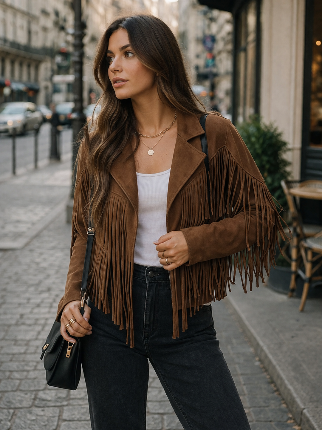 Tanja | Veste en daim marron pour femmes avec franges – Veste en daim franges Boho 2026