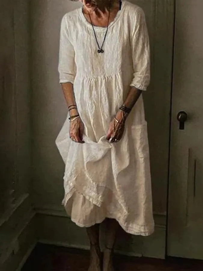 Wibke | Robe Midi Femme Col Rond Manches 3/4 Coupe Ample