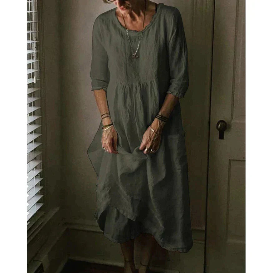 Wibke | Robe Midi Femme Col Rond Manches 3/4 Coupe Ample