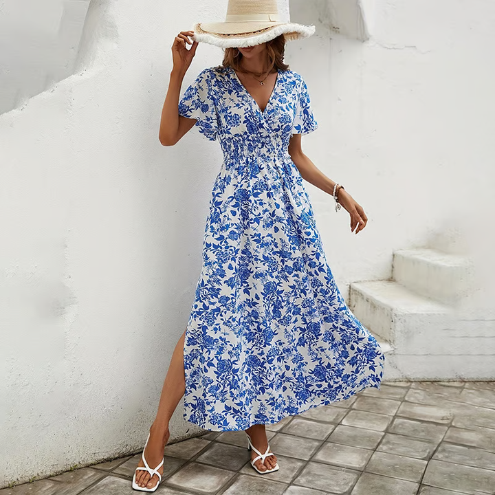 Bea - Robe maxi boho bleue avec décolleté en V