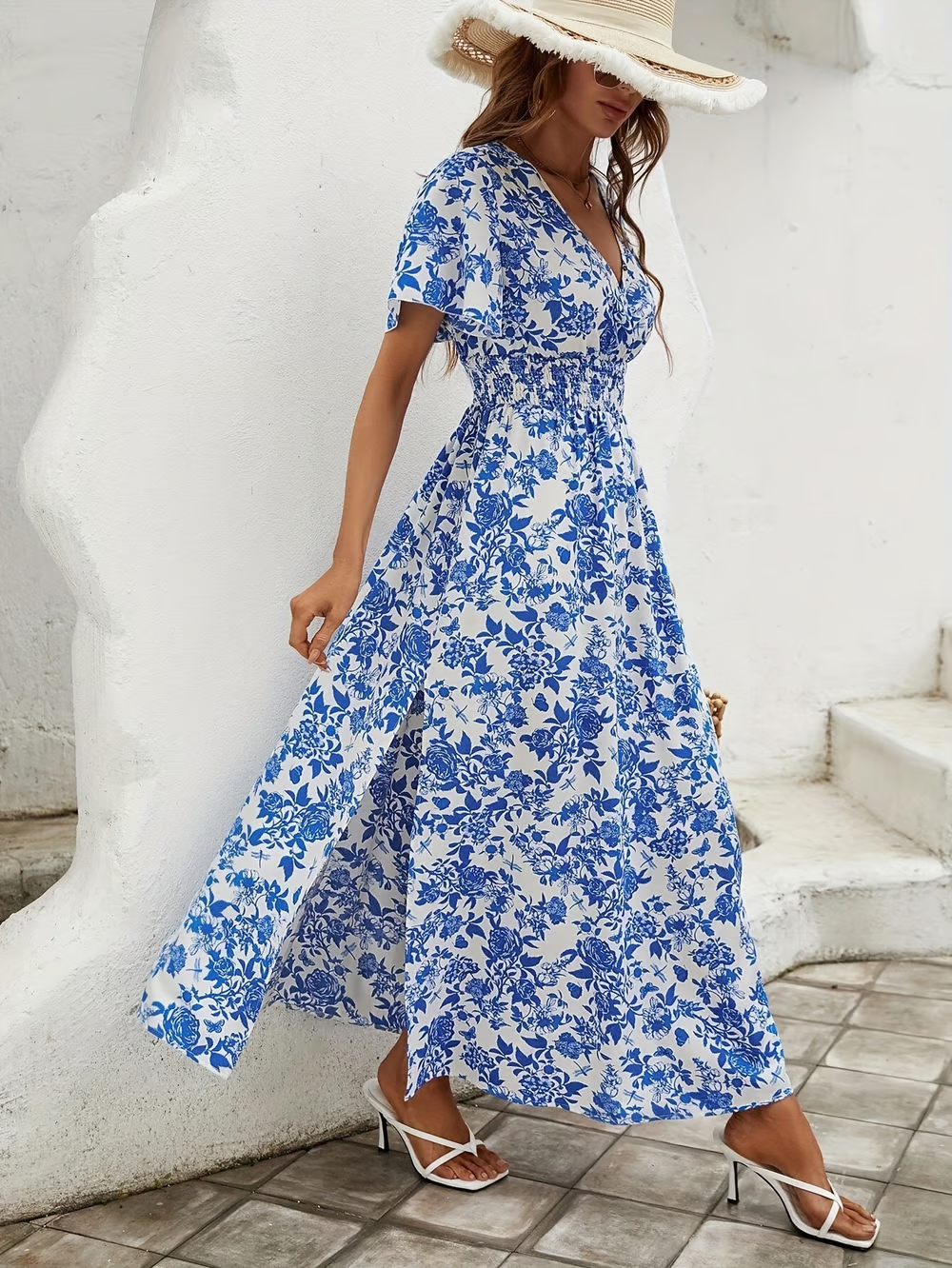 Bea - Robe maxi boho bleue avec décolleté en V