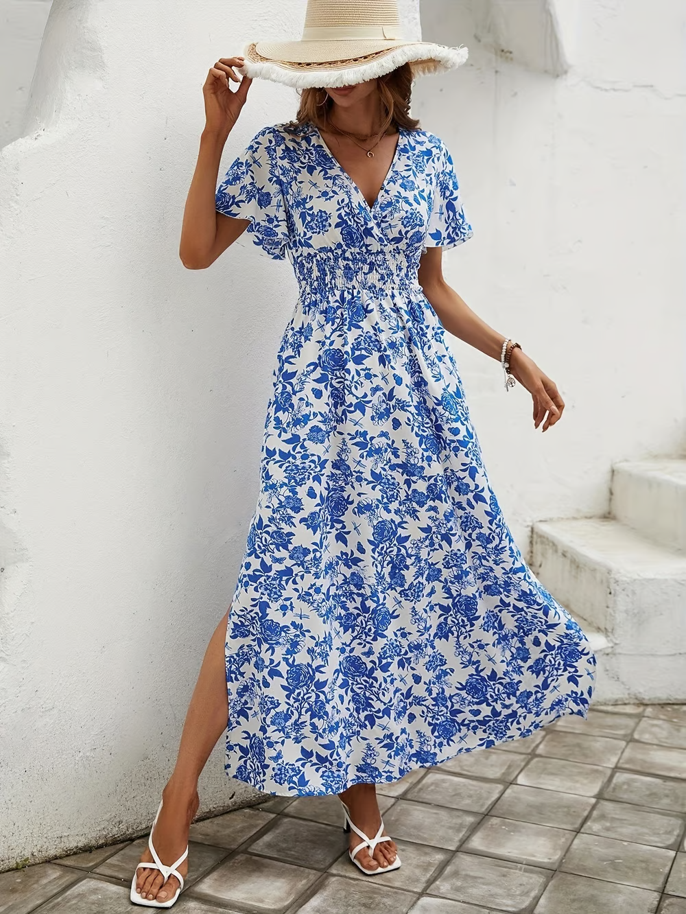 Bea - Robe maxi boho bleue avec décolleté en V
