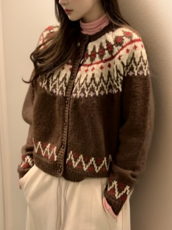 Cardigan en tricot Fair-Isle confortable et décontracté pour femmes