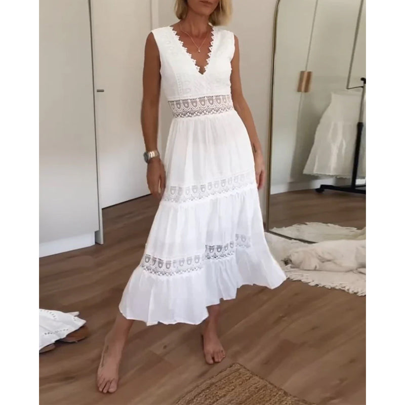 Ninfea | Robe midi sans manches de style bohème avec détails en dentelle