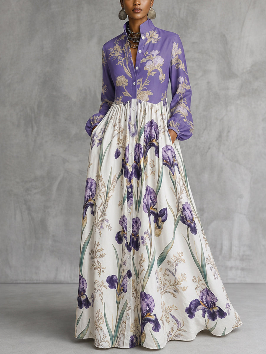 Robe longue froncée boutonnée ample à empiècements, à poches, à imprimé floral, à manches longues, à col montant, couleur contrastée