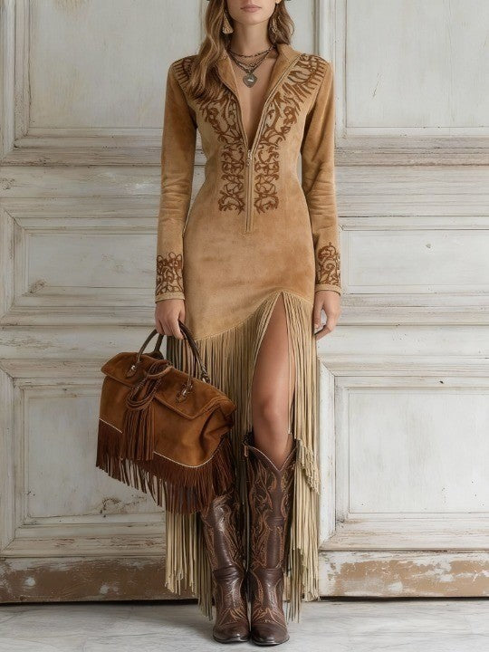 Robe maxi en imitation daim boho pour femmes avec franges