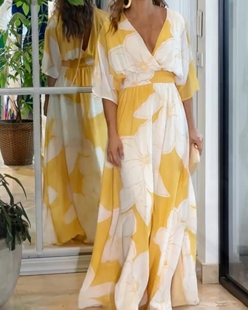 Angela - Robe maxi surdimensionnée avec imprimé floral et décolleté en V
