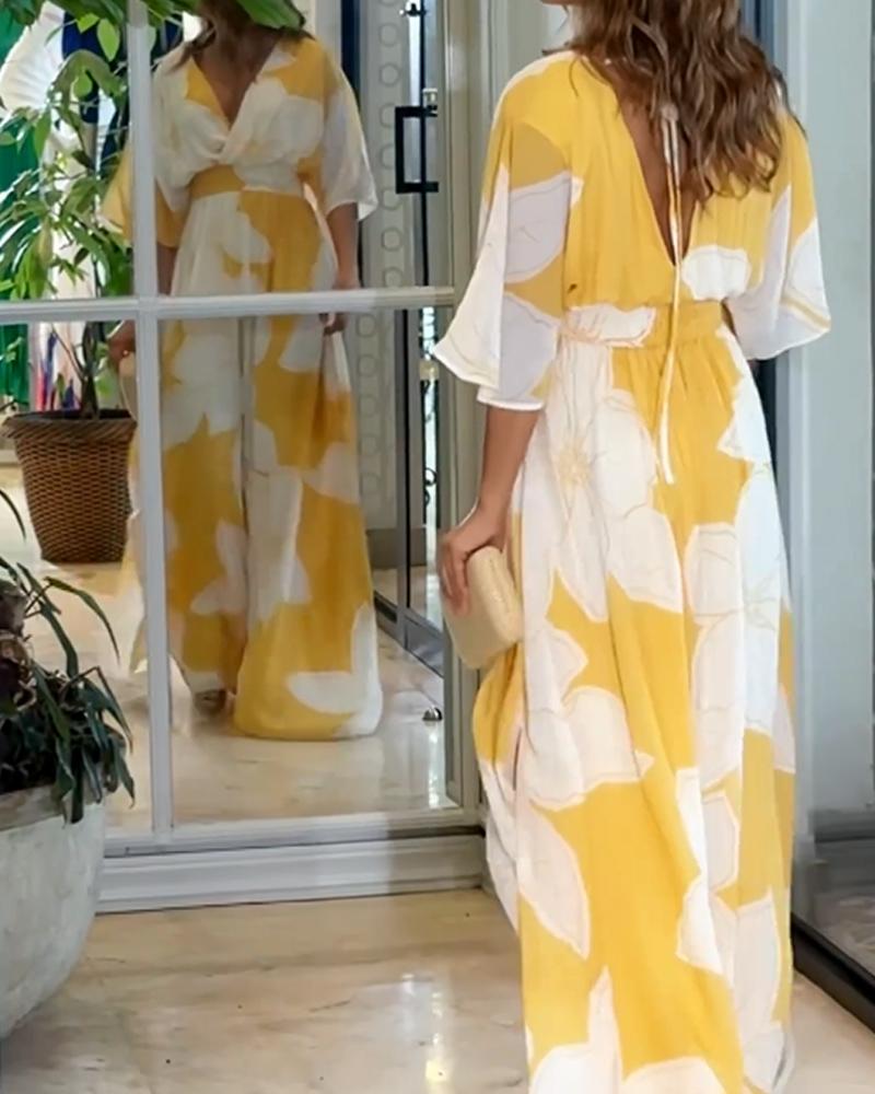 Angela - Robe maxi surdimensionnée avec imprimé floral et décolleté en V