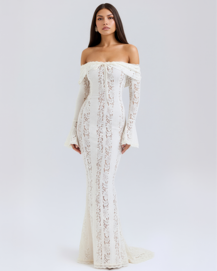 Lea | Robe Maxi de Mariage Ajustée à Épaules Dégagées pour Femmes
