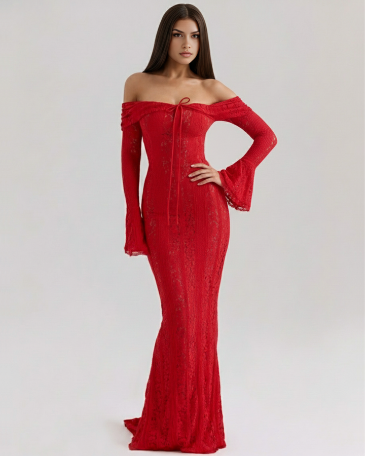 Lea | Robe Maxi de Mariage Ajustée à Épaules Dégagées pour Femmes