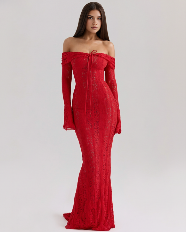Lea | Robe Maxi de Mariage Ajustée à Épaules Dégagées pour Femmes