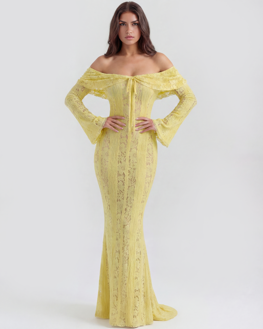 Lea | Robe Maxi de Mariage Ajustée à Épaules Dégagées pour Femmes