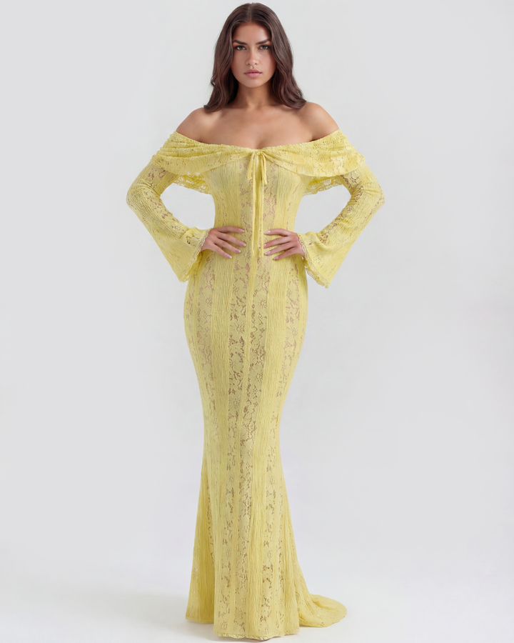 Lea | Robe Maxi de Mariage Ajustée à Épaules Dégagées pour Femmes