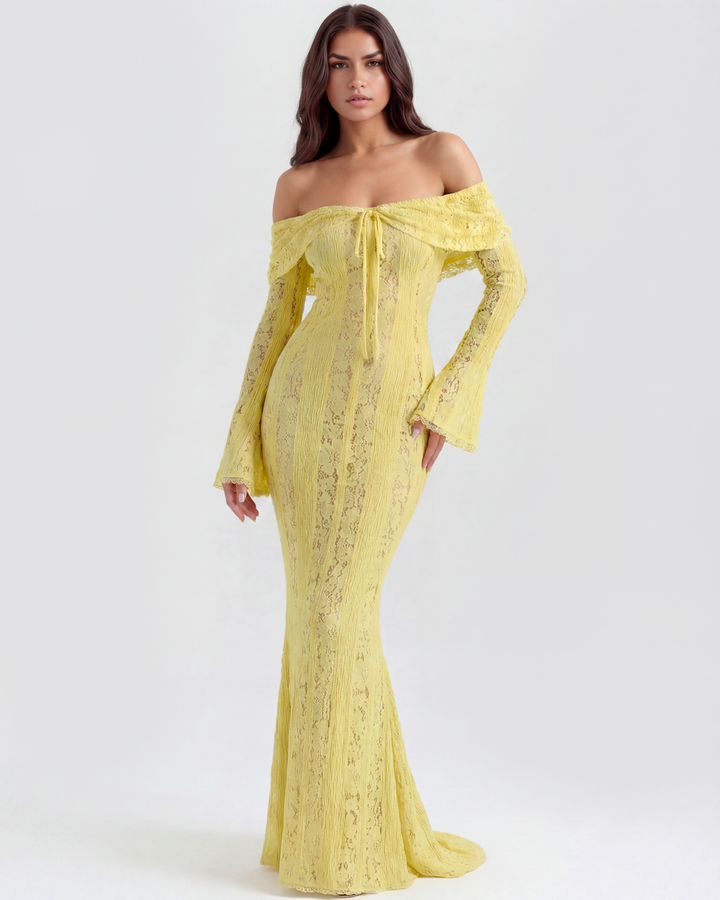 Lea | Robe Maxi de Mariage Ajustée à Épaules Dégagées pour Femmes