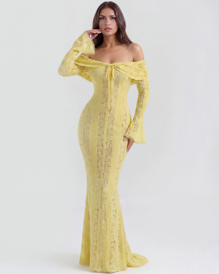 Lea | Robe Maxi de Mariage Ajustée à Épaules Dégagées pour Femmes