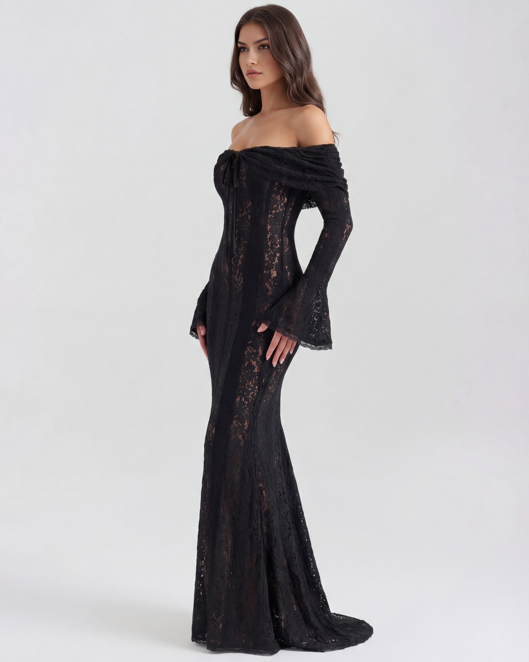 Lea | Robe Maxi de Mariage Ajustée à Épaules Dégagées pour Femmes