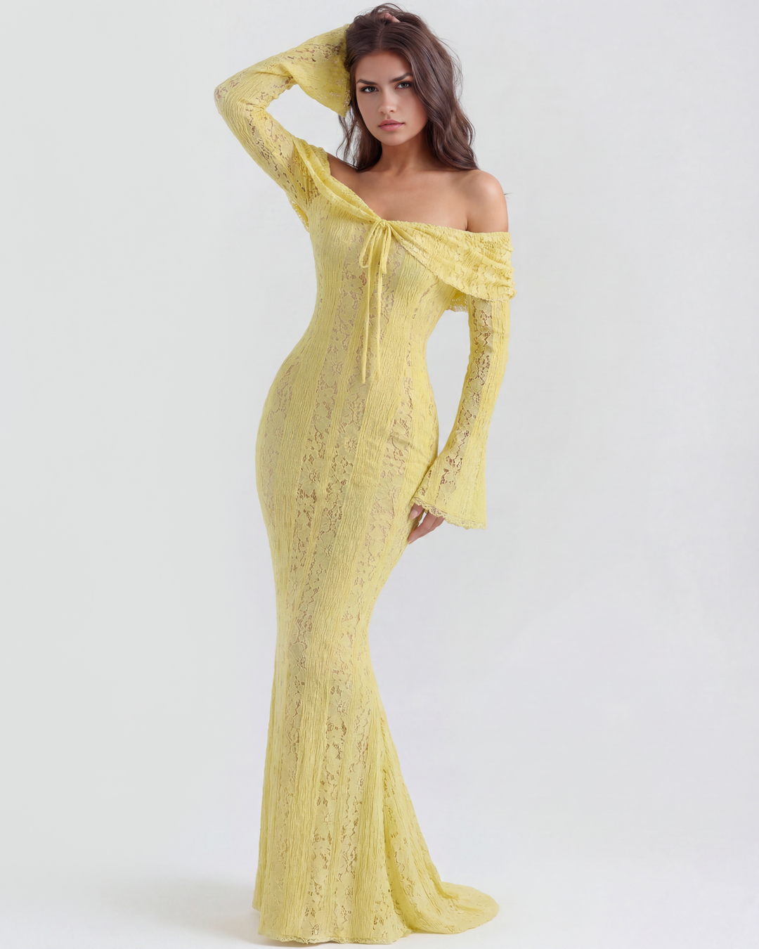 Lea | Robe Maxi de Mariage Ajustée à Épaules Dégagées pour Femmes