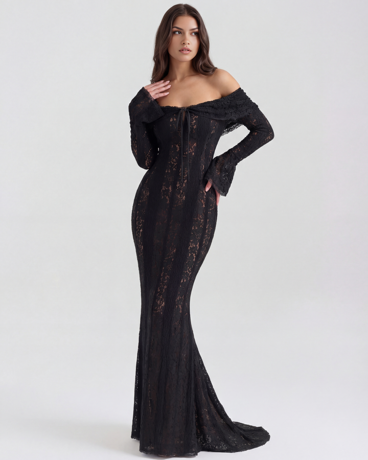 Lea | Robe Maxi de Mariage Ajustée à Épaules Dégagées pour Femmes