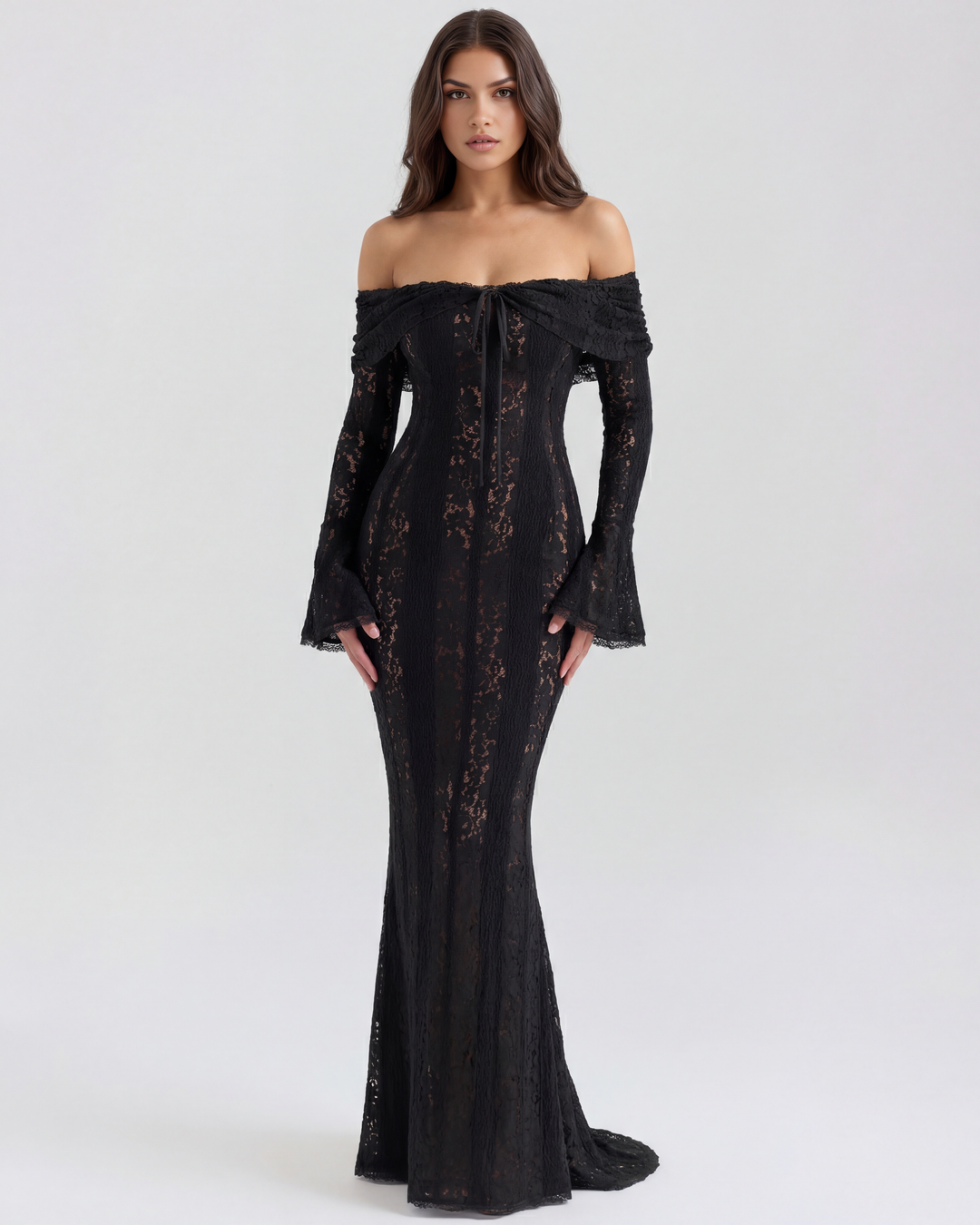 Lea | Robe Maxi de Mariage Ajustée à Épaules Dégagées pour Femmes