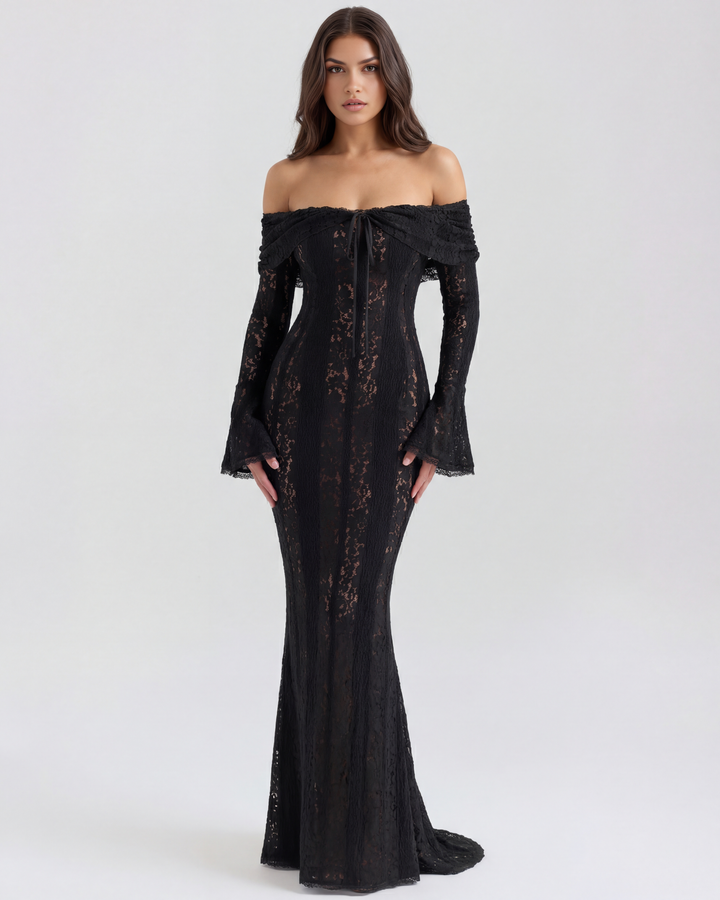 Lea | Robe Maxi de Mariage Ajustée à Épaules Dégagées pour Femmes